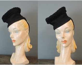 Vintage 1940s Hat Persian Lamb & Felt Tilt Topper Doll Evening Winter, by Stanley