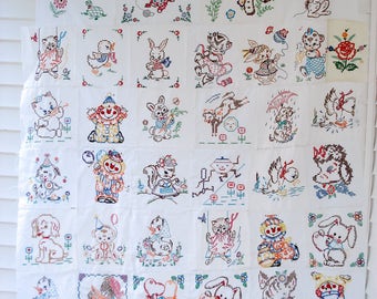 Gorgeous embroidered quilt top - 40 squares - animals, nursery rhymes and clowns - unfinished