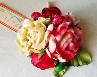 Strawberry Pink Vanilla Cream red roses Mixed bunch Vintage style Millinery Flower Bouquet