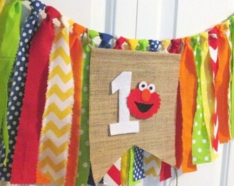 Elmo theme high chair banner-rag tie banner-burlap banner-photo prop-1st Birthday-cake smash-Birthday banner-garland-Sesame Street theme