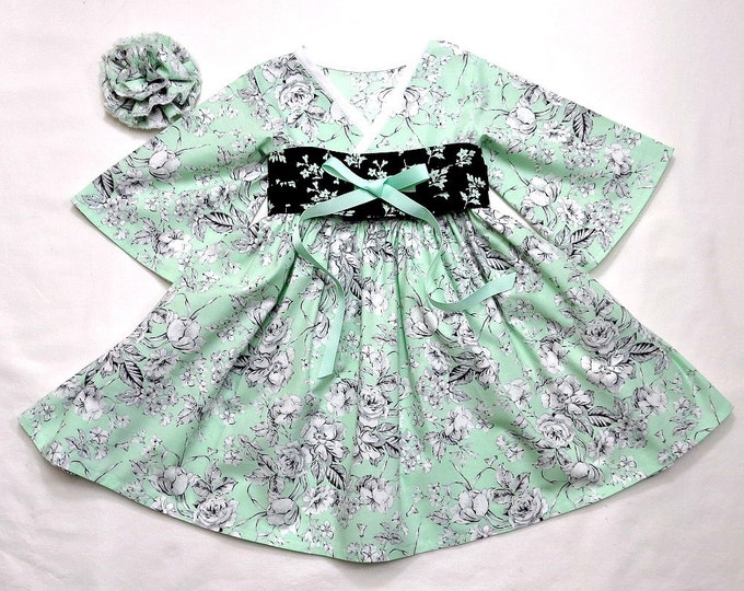 Boutique Easter Dresses - Little Girl Dress - Toddler Girl Clothes - Girls Birthday Dress - Mint - Kimono Dress - Long Sleeves 2t to 7 years