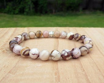 Boyfriends Bracelet, Cream and Tan Boho Stretch Jewelry, Trendy Beaded Contemporary Wristband, Mens Stylish Gemstone, Anniversary Gift