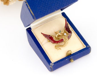 Antique 14k Gold Griffin Dragon Brooch | Antique Gold Enamel 14k Brooch | Antique Enamel Jewelry