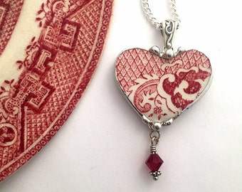 Broken china jewelry - heart shaped necklace pendant - antique red pink willow broken china jewelry with crystal