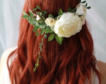 Woodland circlet, bridal flower crown, ivory wedding hair wreath, floral headpiece, leafy crown, boho hair accessories