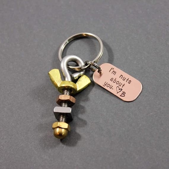 Nuts about you keychain nuts and bolts personalized gift for