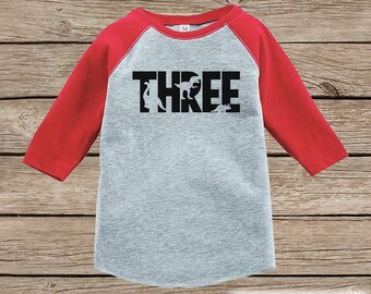 Dinosaur Birthday Shirt - Boys Third Birthday Dino Tshirt - Dino Birthday Shirt - Red Raglan Dinosaur 3rd Birthday Shirt - Dino Three Shirt