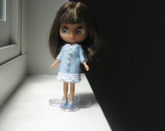 Petite Blythe, LPS Blythe, Mini Pullip, Little Dal Fashion Doll Clothing; Blue and White Lacey Doll Dress; Tiny Doll Dress