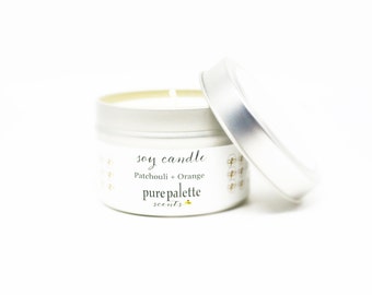 Patchouli Orange Essential Oil Soy Candle in 4 Oz. Travel Tin