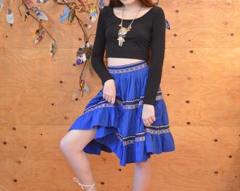Vintage 50's Squaw Patio Skirt In Dark Blue & Black With Ribbon Detail SZ Small / Medium