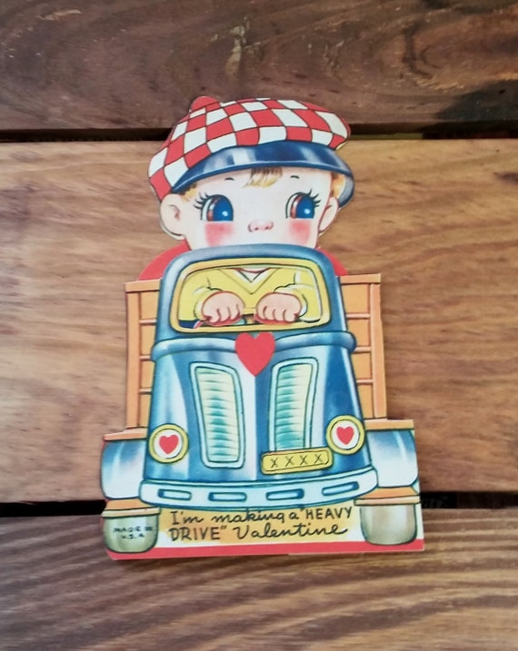 Vintage Valentine Greeting Card Valentine's Day Cabbie 3D Card 40's Mid Century Ephemera Made in USA Adorable Checkered Hat Pick Up Truck