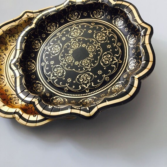 12 BLACK & GOLD PAPER Plates Vintage Style Baroque Fancy
