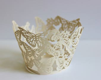 Wedding Cupcake Wrappers 12 or 24 Ivory Butterfly Laser Cut Paper / Shower / Baking / Gifts