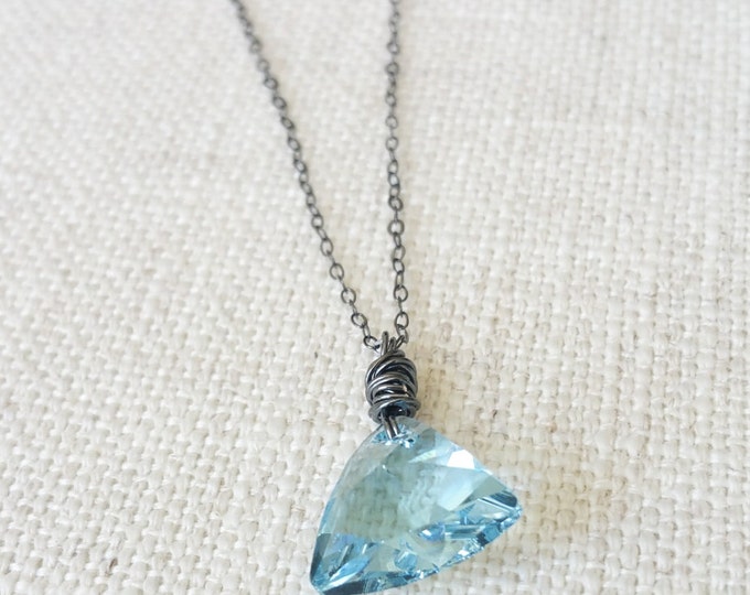 Aquamarine Necklace, Aquamarine Crystal Necklace, Silver Aquamarine Crystal Necklace, Silver Aquamarine Crystal Triangle Necklace