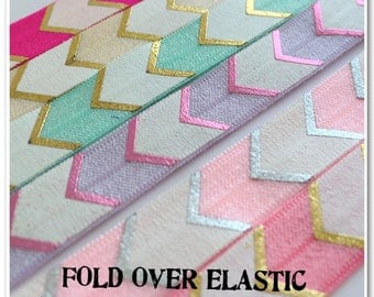 2 Metres of Fold Over Elastic - Large Metallic Chevron