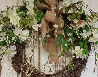 Front Door Wreath, farmhouse wedding wreath, Burlap Wreath, Greenery Wreath for All Year Round, Green Wreath, Natural Wild Front
