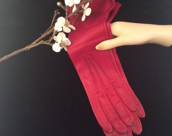 Vintage Valentines Day Gloves By Superb Caresskin Red Leather Unlined Long Gloves, Vintage Leather Gloves, Vintage Red Gloves