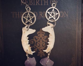 Jaw Bone Earrings- real bone jewelry- Crystal Jewelry- amethyst - Real bone jewelry- quartz crystal jewelry