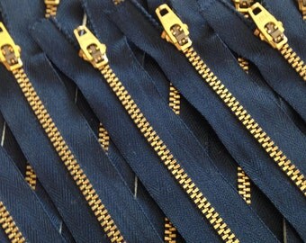 Jean zippers 6 navy blue ykk metal zippers, golden metal brass zipper - 5 inch, 7 inch or 9 inch - 6 zippers in each bundle, sale price