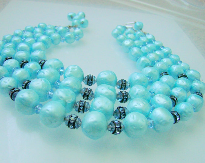 Vintage Aqua Faux Baroque Pearl Bead Bib Necklace / Light Blue Rhinestone Rondeles / Multi Strand / 1960s Jewelry / Jewellery