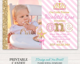 Princess Birthday Invitation, Pink and Gold Princess Invitation, Princess 1st Birthday, Pink and Gold Glitter Birthday, DIY Printable