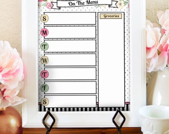 Floral Menu Planner - Kitchen Menu Board - Dry Erase Menu - Printable Menu Planner - Meal Plan Printable - Watercolor Kitchen Print -