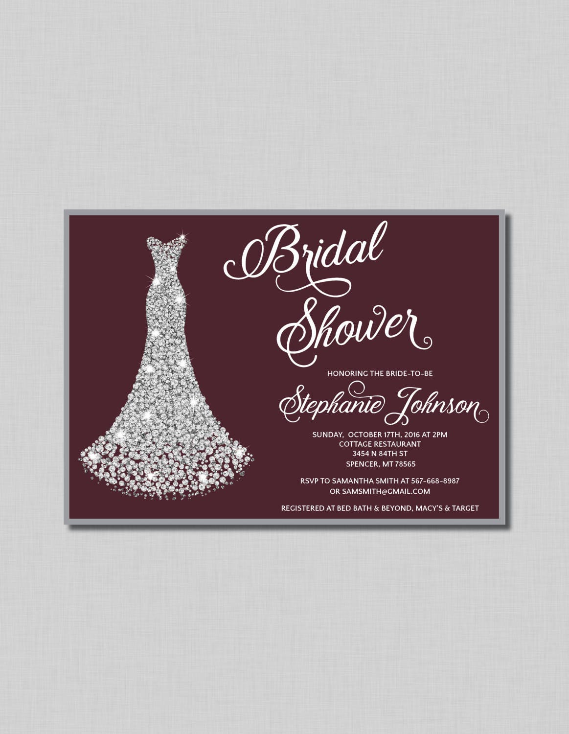Burgundy Bridal Shower Invitation silver wedding gown Bobbie