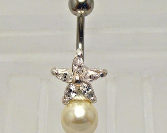 CZ Star and Pearl Belly Ring ~ Summer Style Navel Ring ~ Belly Button Ring ~ Piercing Body Jewelry: Surgical Steel - Hypo Allergenic