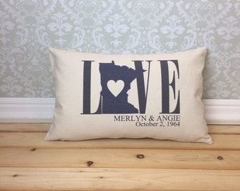 Minnesota Love Pillow, Lumbar Pillow, Wedding Pillow, Anniversary Pillow, Personalized Pillow, Minnesota State, Valentine Pillow