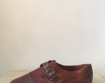 Brown leather monk strap loafers, striped monk shoes, size 8 - vintage -