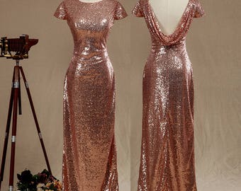 Rose Gold Sequined Bridesmaid dress,Cap Sleeves Luxury Sequined Evening dress,Scoop neck Metallic Sparkle prom dress,Cowl Back floor length