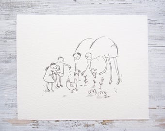 CUSTOM FAMILY portrait illustration, personalized family drawing, quirky, cute, whimsical, mother, father, son, daughter ORIGINAL sketch