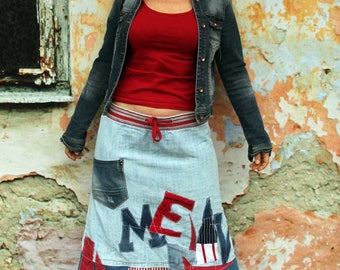 M-L denim boro appliqued recycled knee skirt hippie boho style