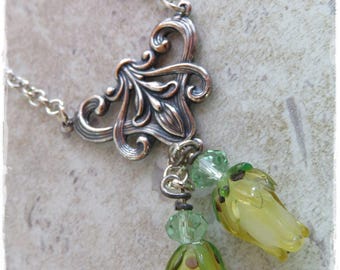 Art Nouveau style Rose necklace, Glass Rose necklace,