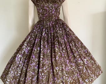 FOR RESCUE / CLEARANCE 50s Olive Green Purple Floral Party Dress / Full Skirt / Small Medium