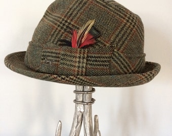 Vintage Wool Plaid Tweed Fedora, True Vintage Men's Fedora, Quality Men's Hat, Champ Triumph