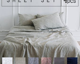 Linen SHEETS SET 4pcs 100% Organic Flax SLIP pillow covers - Queen linen sheets, King linen bed sheet, Twin bedding sheets Eco Organic