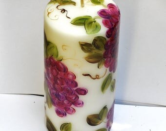 Hand Painted Grapevines Pillar Candle Tuscan Mediterranean Decor FREE SHIPPING