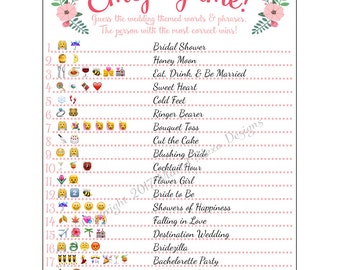 Bridal Shower Emoji Game - Fun Unique Games DIY PDF Wedding Personalized Watercolor Pink Floral Garden Flower Theme Emoticon Pictionary