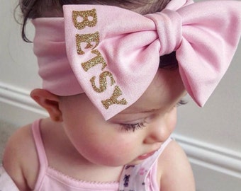 Personalised Glitter Baby Headband Turban Bow Hair Hairband Custom Girls