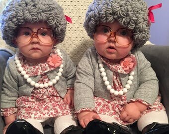 Old Lady Hat Hat / Wig, All Sizes Available Newborn to Adult, Gray Short Curly Hair With or Without Ribbon FAST SHIPPING, No Waiting List