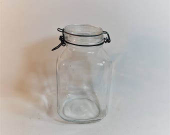 Vintage Large French Glass Jar With Clamp Lid, Wire Bale Lid