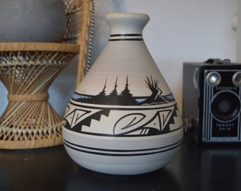 Southwestern Navajo Ceramic Vase • Carved/Painted