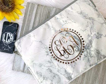 Marble Monogram Laptop Sleeve | White Marble | Circle Dot Border | Personalized | 11" 12" 13" 14" 15"
