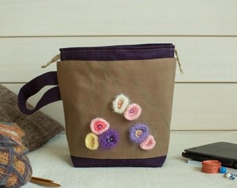 Knitting Project Bag, Crochet Project Bag with Mohair Flowers, Medium Size