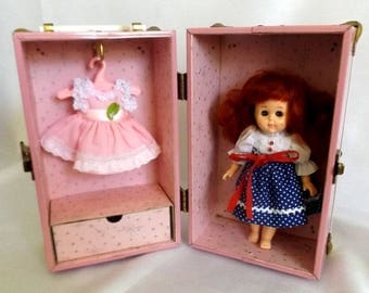 Vintage Pink Doll Trunk - Pink and White Metal Doll Clothes Trunk for a Ginny Doll - Pink Interior, Pink Hangers - Brass Hardware