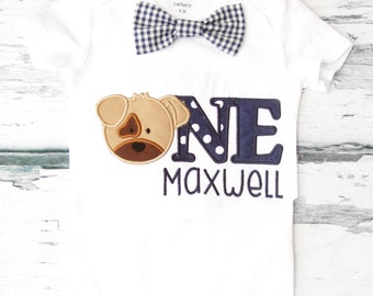 Boy first birthday puppy dog 1st birthday navy gingham bow tie puppy cake smash outfit Boy first birthday Boy number 1 puppy dog first bday