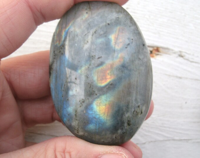 Labradorite Palm Stone, Silvery, multi colored flash, polished, metaphysical, crystal healing, meditation, display specimen, silvery tone
