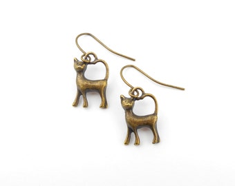 Cat Earrings in Antique Bronze, on delicate minimalist short earwires