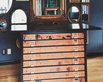 Industrial kitchen island metal cabinet solid wood counter top refurbished from a farm table ,flat file map cabinet heavy duty workbench